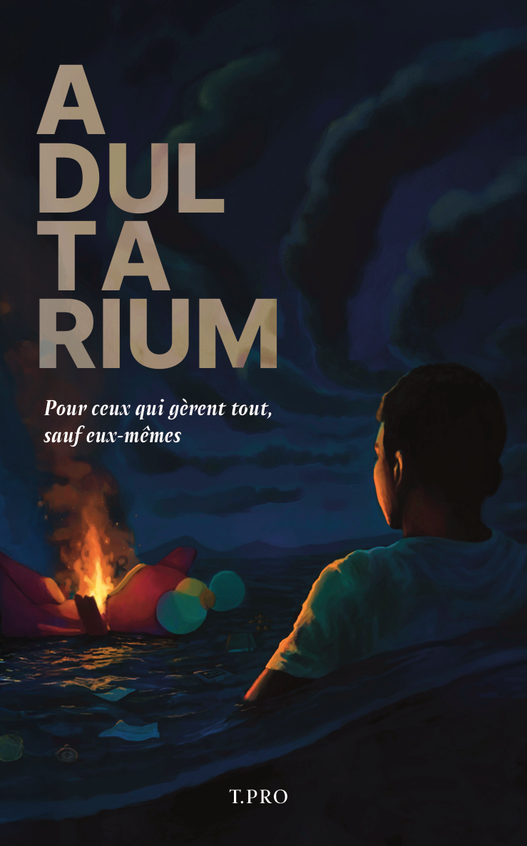 Couverture d’Adultarium : un homme sur un radeau, face aux débris et aux flammes au milieu de l’océan